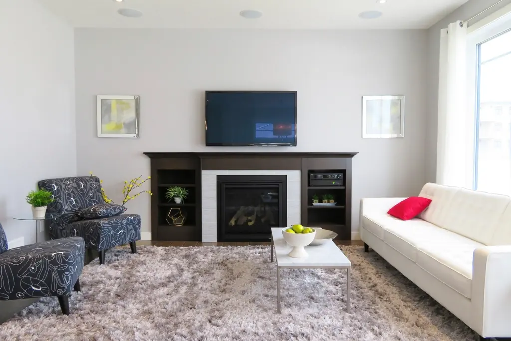 Bright furnished living room with a fireplace and TV